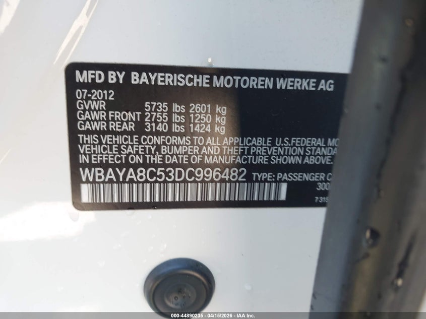 2013 BMW 750I VIN: WBAYA8C53DC996482 Lot: 44890235