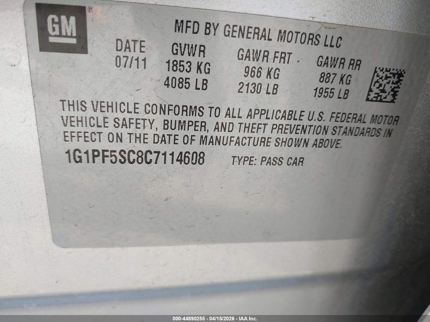 2012 Chevrolet Cruze 1Lt VIN: 1G1PF5SC8C7114608 Lot: 44890255