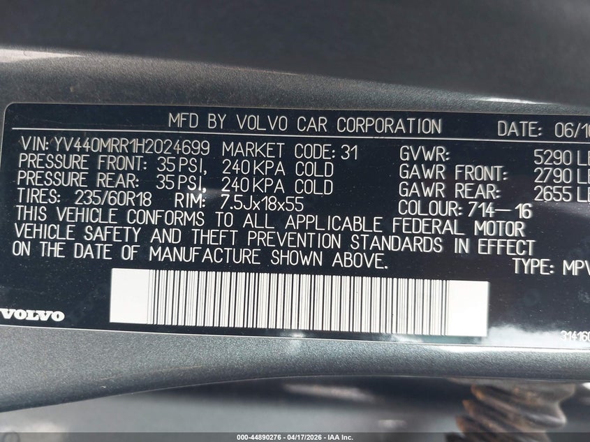 2017 Volvo Xc60 T5 Dynamic VIN: YV440MRR1H2024699 Lot: 44890276