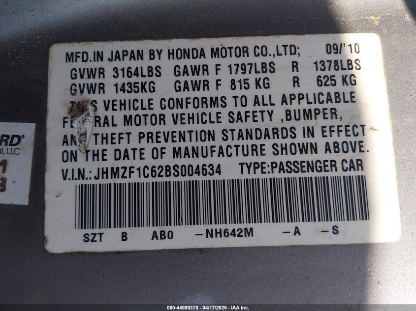 2011 Honda Cr-Z Ex VIN: JHMZF1C62BS004634 Lot: 44890378