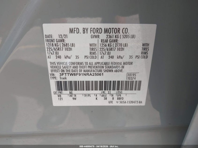 2022 Ford Maverick Xl VIN: 3FTTW8F91NRA25061 Lot: 44890479