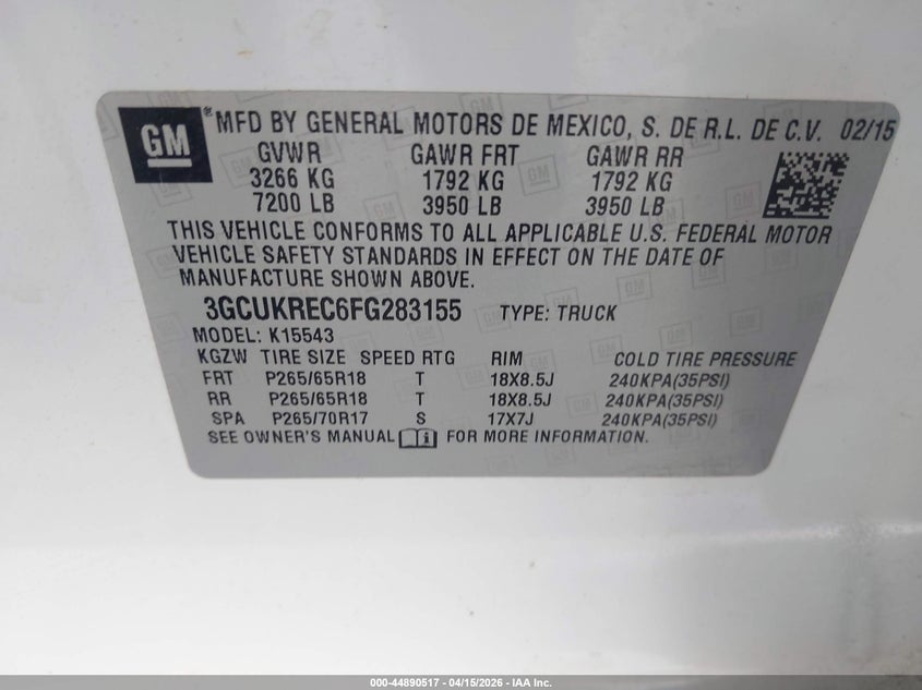 2015 Chevrolet Silverado 1500 1Lt VIN: 3GCUKREC6FG283155 Lot: 44890517
