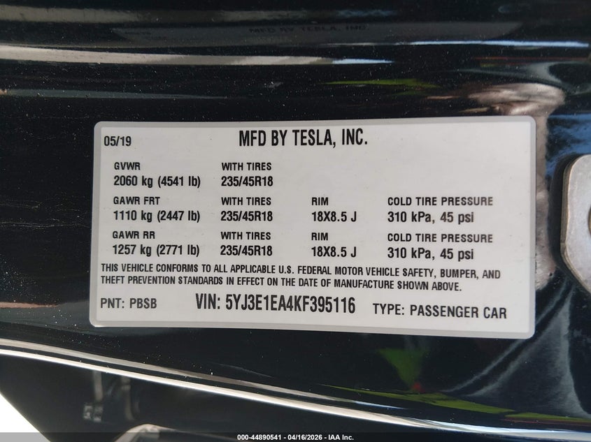 2019 Tesla Model 3 Long Range/Mid Range/Standard Range/Standard Range Plus black Lot 111044890541 Vin 5YJ3E1EA4KF395116