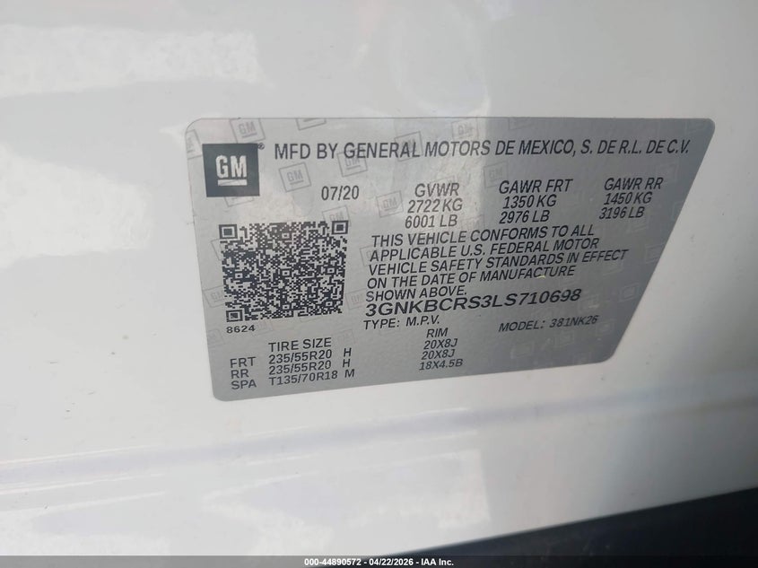 CHEVROLET BLAZER 2020 VIN 3GNKBCRS3LS710698