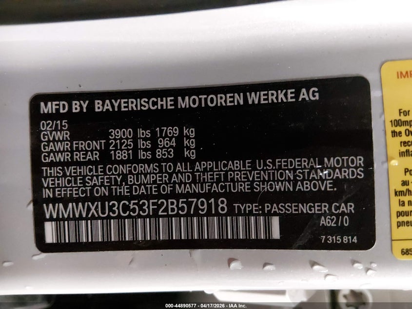 2015 Mini Hardtop Cooper S VIN: WMWXU3C53F2B57918 Lot: 44890577