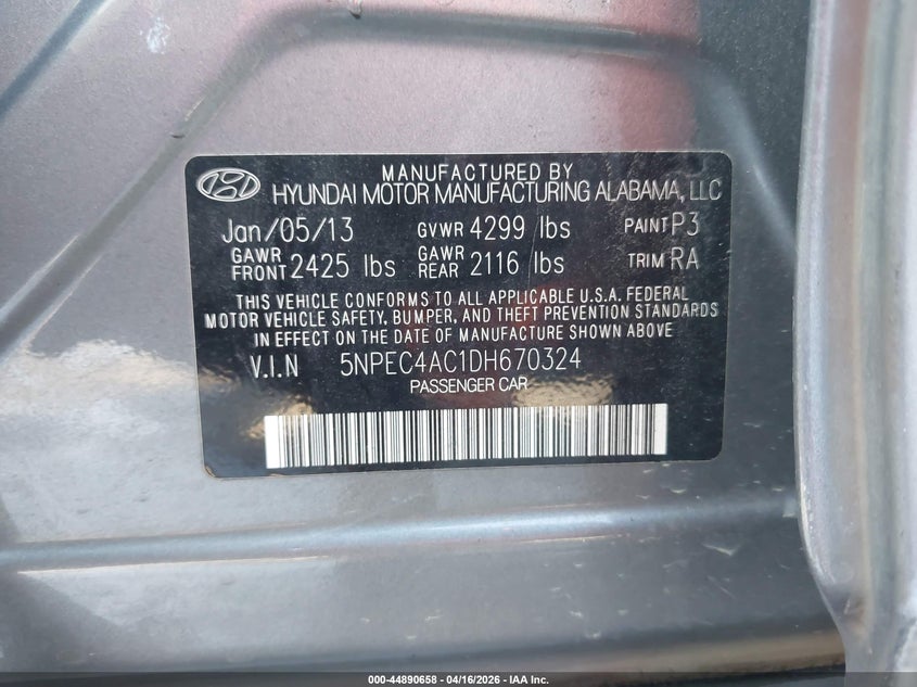 2013 HYUNDAI SONATA SEDAN 2.4L I-4 DI, DOHC, VVT, 198HP