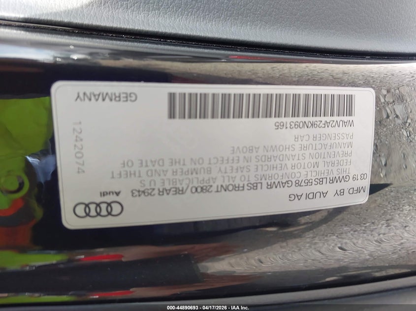 2019 Audi A7 55 Premium VIN: WAUV2AF29KN093165 Lot: 44890693