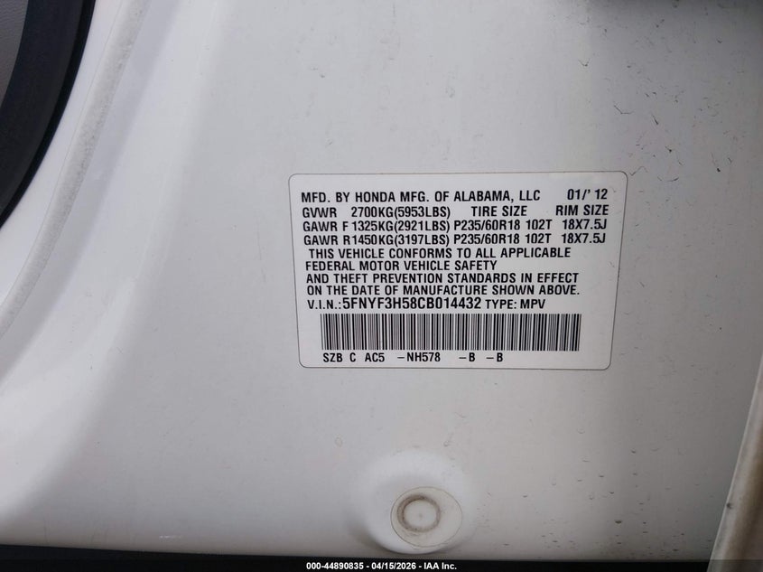 2012 Honda Pilot Ex-L VIN: 5FNYF3H58CB014432 Lot: 44890835