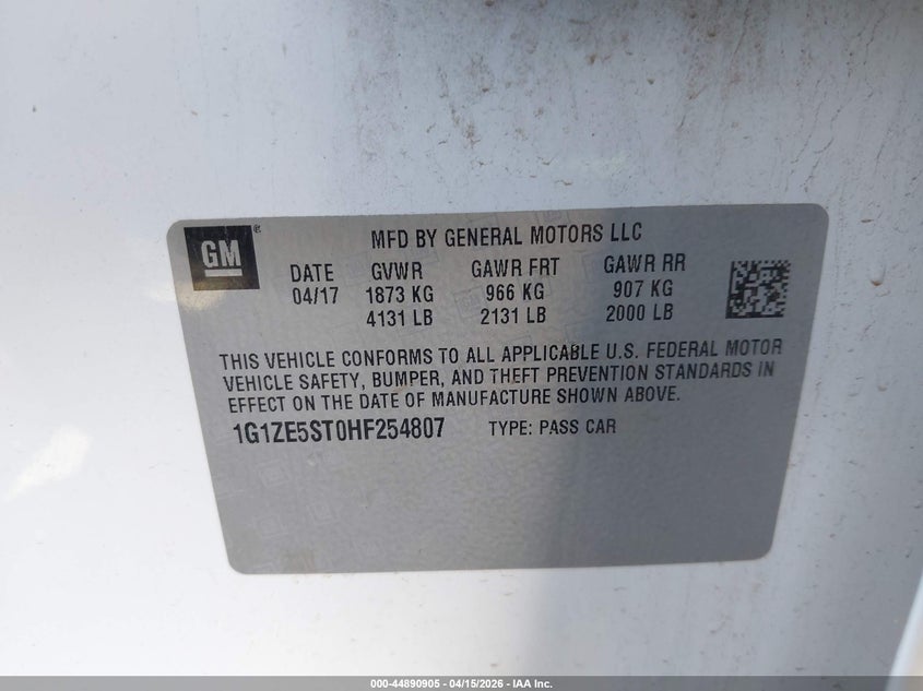 2017 Chevrolet Malibu 1Lt VIN: 1G1ZE5ST0HF254807 Lot: 44890905