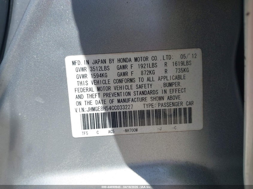 2012 Honda Fit 1.5 Sport silver Lot 111044890945 Vin JHMGE8H54CC033227