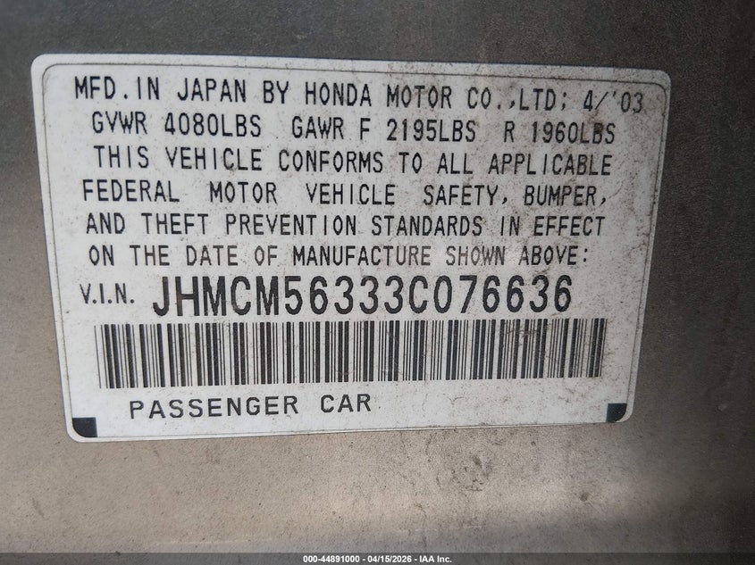 2003 Honda Accord 2.4 Lx VIN: JHMCM56333C076636 Lot: 44891000
