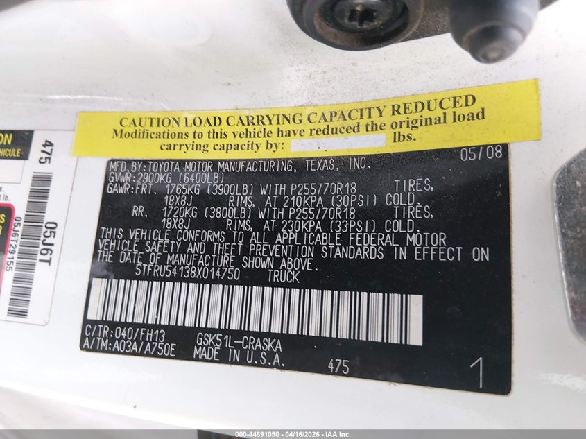 2008 Toyota Tundra Base V6 VIN: 5TFRU54138X014750 Lot: 44891050
