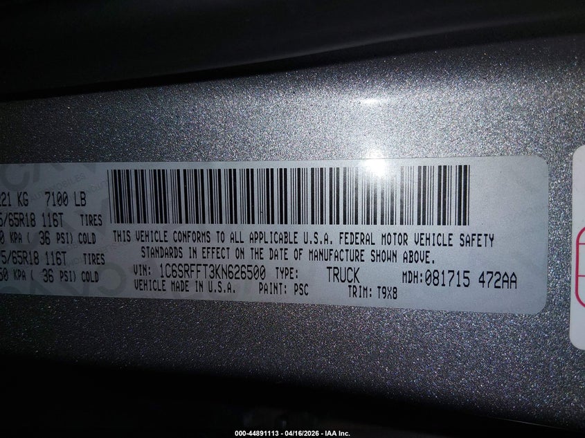 2019 Ram 1500 Big Horn/Lone Star 4X4 5'7 Box VIN: 1C6SRFFT3KN626500 Lot: 44891113