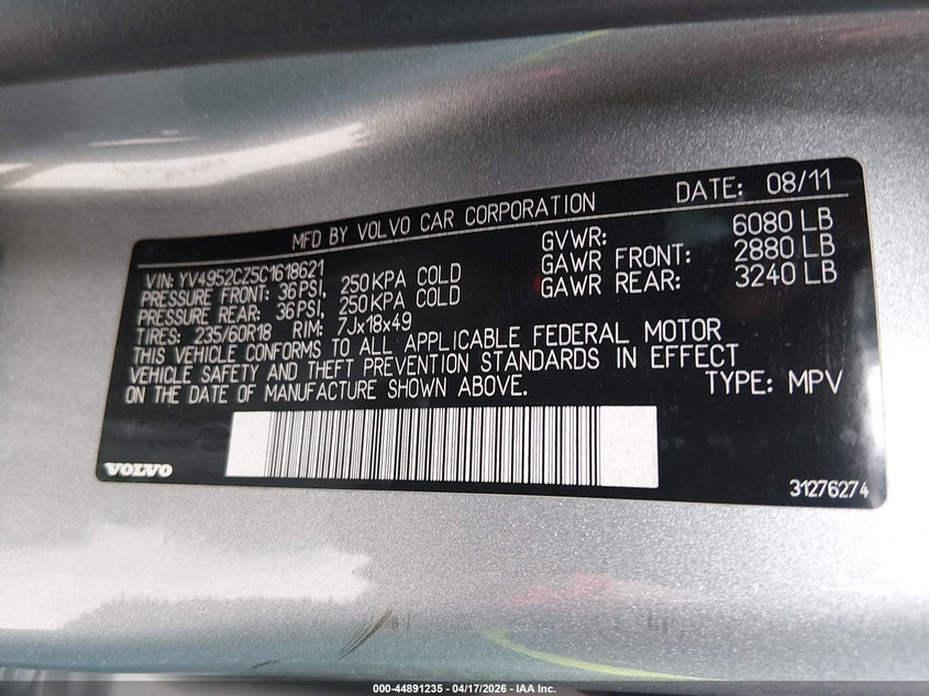 2012 Volvo Xc90 3.2/3.2 Platinum/3.2 Premier Plus VIN: YV4952CZ5C1618621 Lot: 44891235