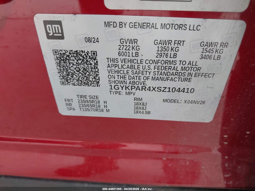 2025 Cadillac Xt6 Fwd Luxury VIN: 1GYKPAR4XSZ104410 Lot: 44891265