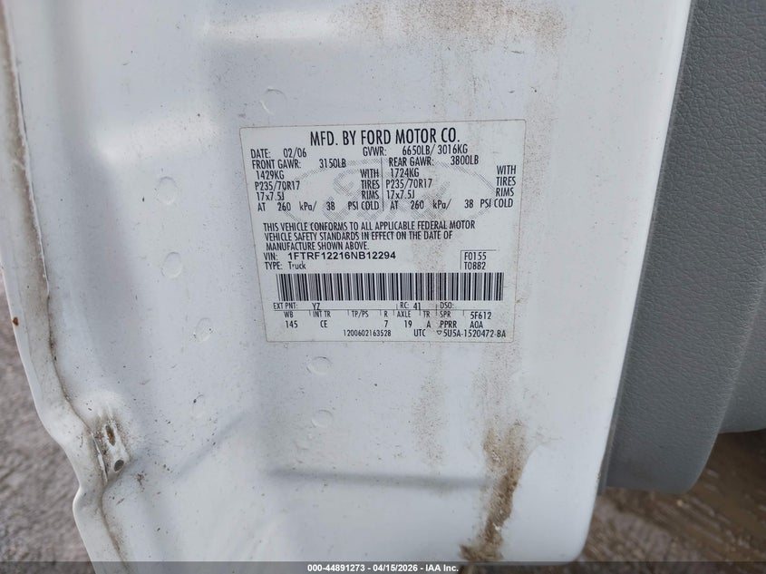 2006 Ford F-150 Stx/Xl/Xlt VIN: 1FTRF12216NB12294 Lot: 44891273