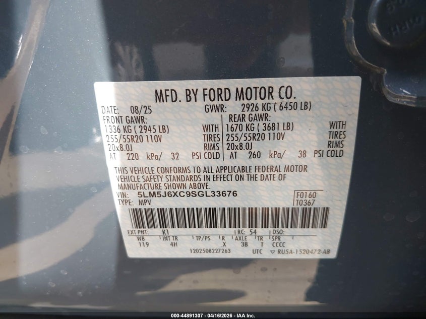2025 Lincoln Aviator Premiere VIN: 5LM5J6XC9SGL33676 Lot: 44891307