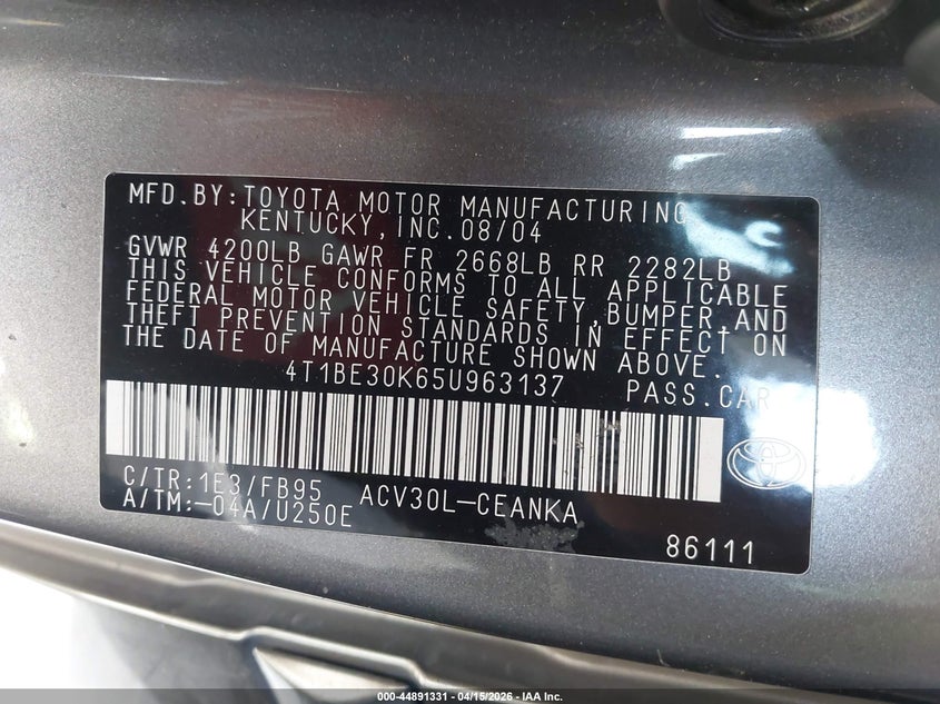 2005 Toyota Camry Le VIN: 4T1BE30K65U963137 Lot: 44891331