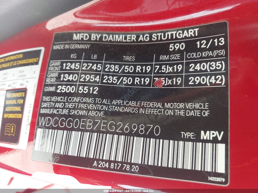 2014 Mercedes-Benz Glk 250 Bluetec 4Matic VIN: WDCGG0EB7EG269870 Lot: 44891337