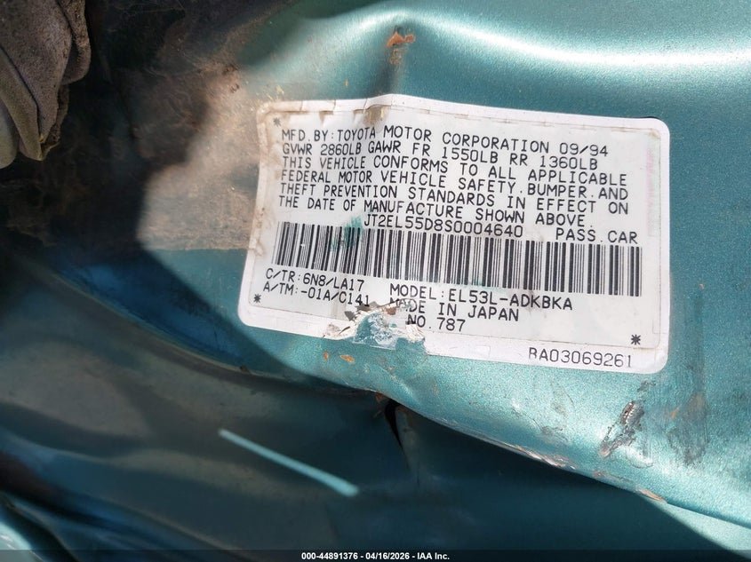 1995 Toyota Tercel Std VIN: JT2EL55D8S0004640 Lot: 44891376