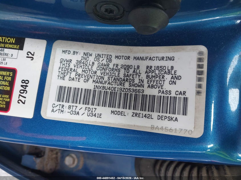 2009 Toyota Corolla S VIN: 1NXBU40E19Z053663 Lot: 44891452