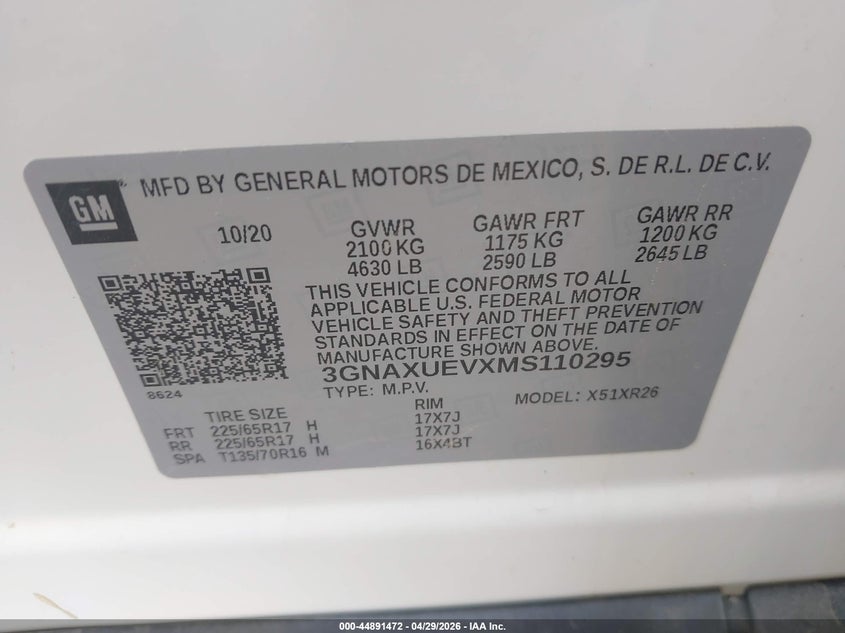 2021 CHEVROLET EQUINOX 1.5L I-4 DI, DOHC, V(VIN: 3GNAXUEVXMS110295