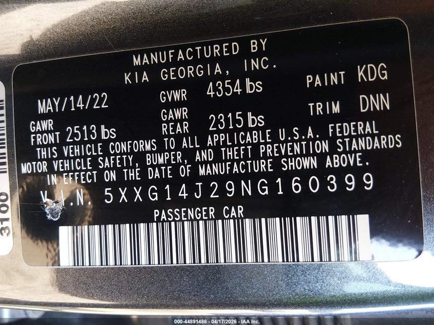 2022 Kia K5 Lxs VIN: 5XXG14J29NG160399 Lot: 44891486