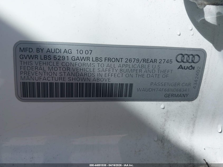 2008 Audi A6 3.2 VIN: WAUDH74F68N066341 Lot: 44891538