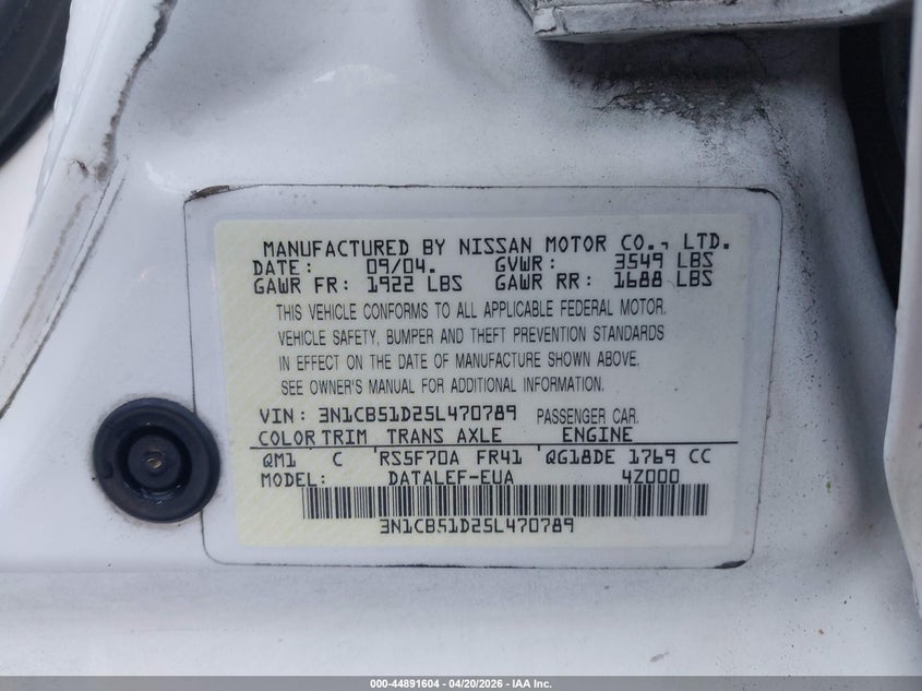 2005 Nissan Sentra 1.8S VIN: 3N1CB51D25L470789 Lot: 44891604