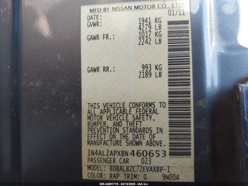 2011 Nissan Altima 2.5 S VIN: 1N4AL2APXBN460653 Lot: 44891719