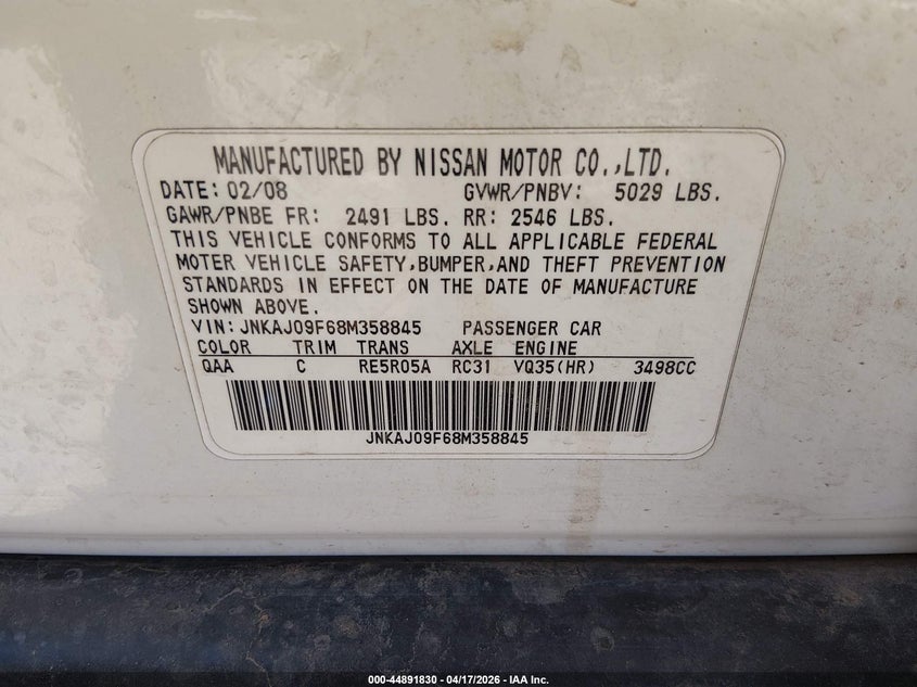 2008 Infiniti Ex35 Journey VIN: JNKAJ09F68M358845 Lot: 44891830