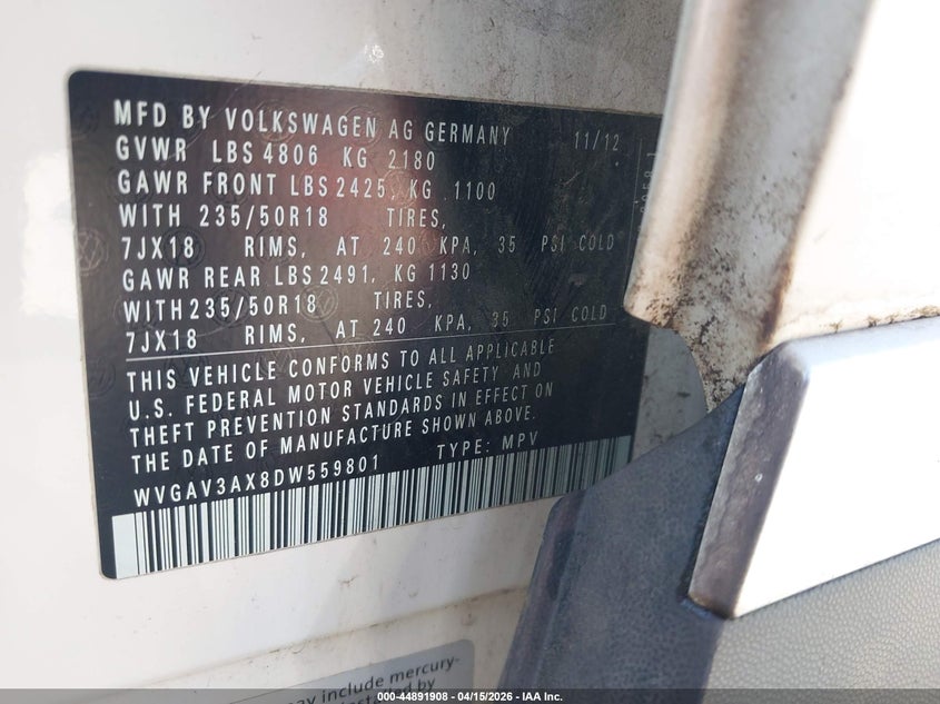 2013 Volkswagen Tiguan Se VIN: WVGAV3AX8DW559801 Lot: 44891908