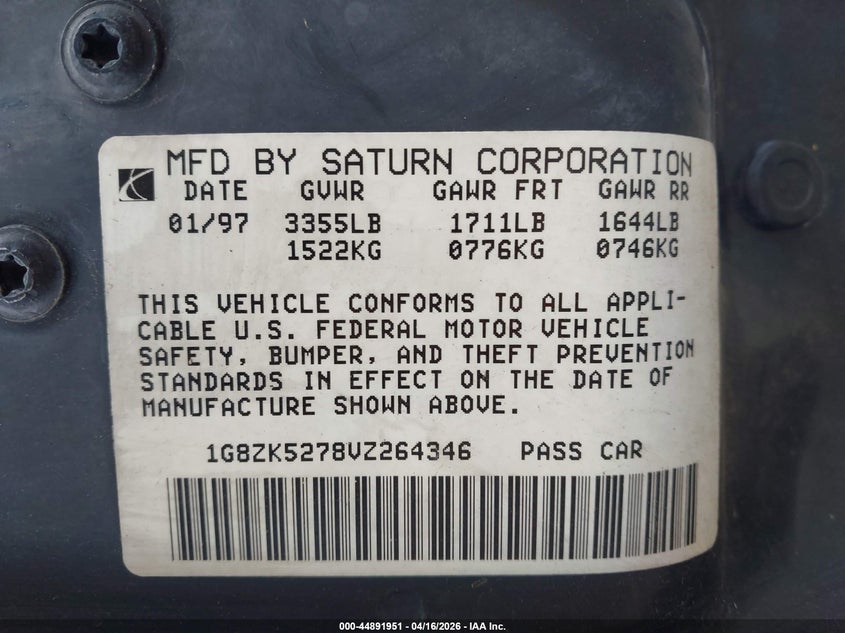 1997 Saturn Sl Sl2 VIN: 1G8ZK5278VZ264346 Lot: 44891951