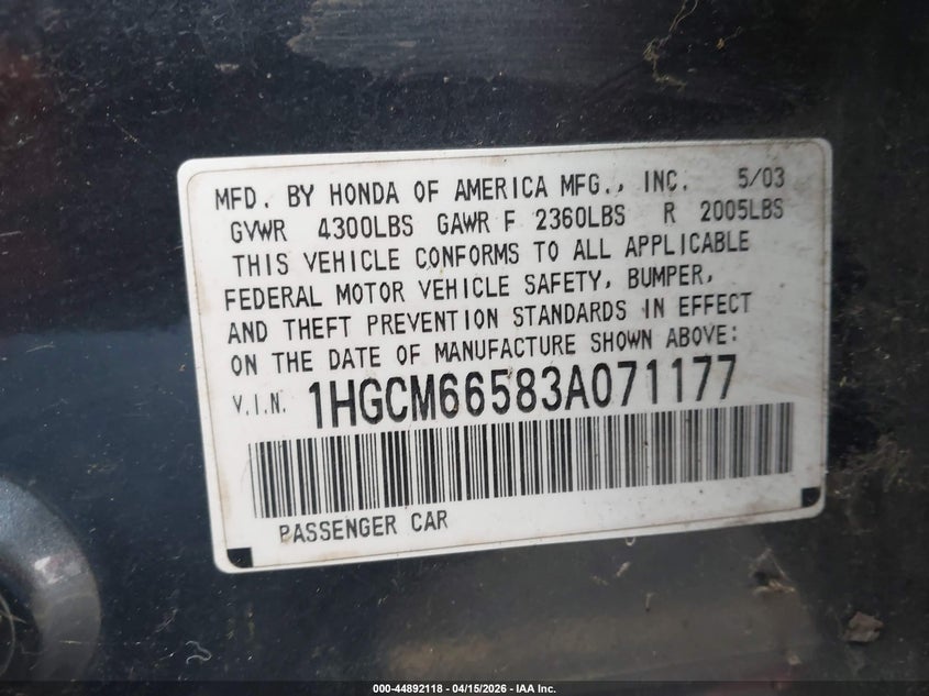 2003 Honda Accord 3.0 Ex VIN: 1HGCM66583A071177 Lot: 44892118