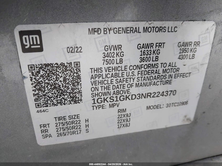 2022 GMC Yukon Xl 2Wd Slt VIN: 1GKS1GKD3NR224370 Lot: 44892244