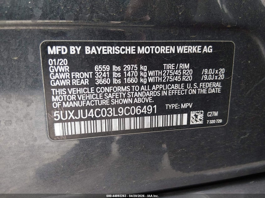 VIN: 5UXJU4C03L9C06491 2020 BMW X5 M50I