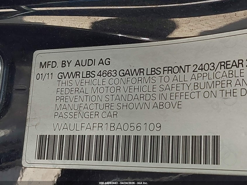 2011 Audi A5 2.0T Premium VIN: WAULFAFR1BA056109 Lot: 44892443