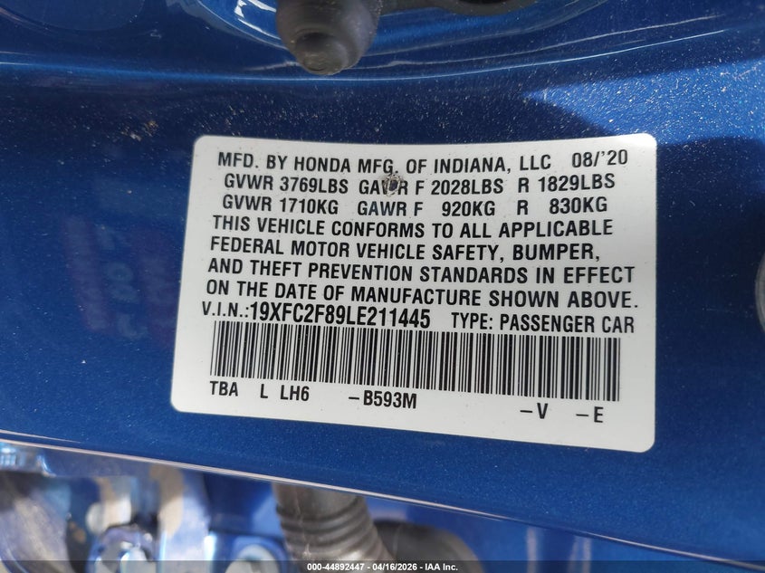 2020 HONDA CIVIC SEDAN 2.0L I-4 DOHC, VVT, 158HP
