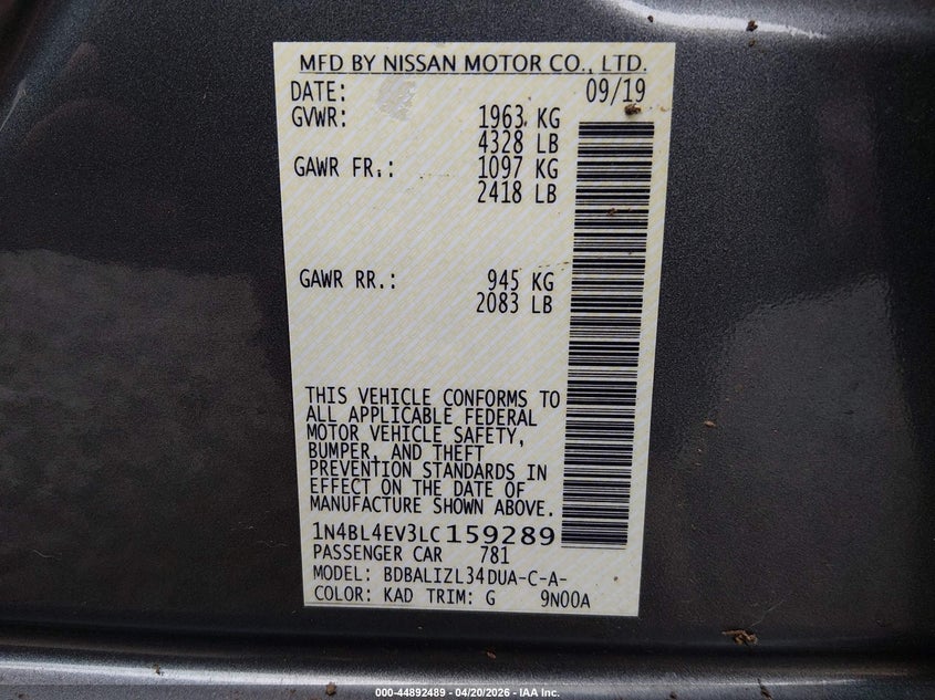 VIN 1N4BL4EV3LC159289 2020 NISSAN ALTIMA SL FWD