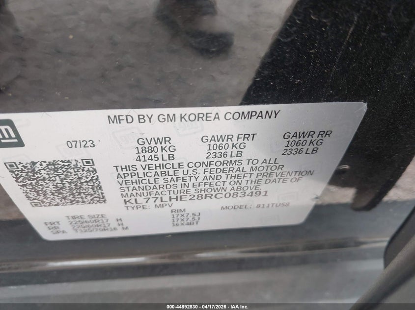 VIN KL77LHE28RC083491 2024 CHEVROLET TRAX FWD LT