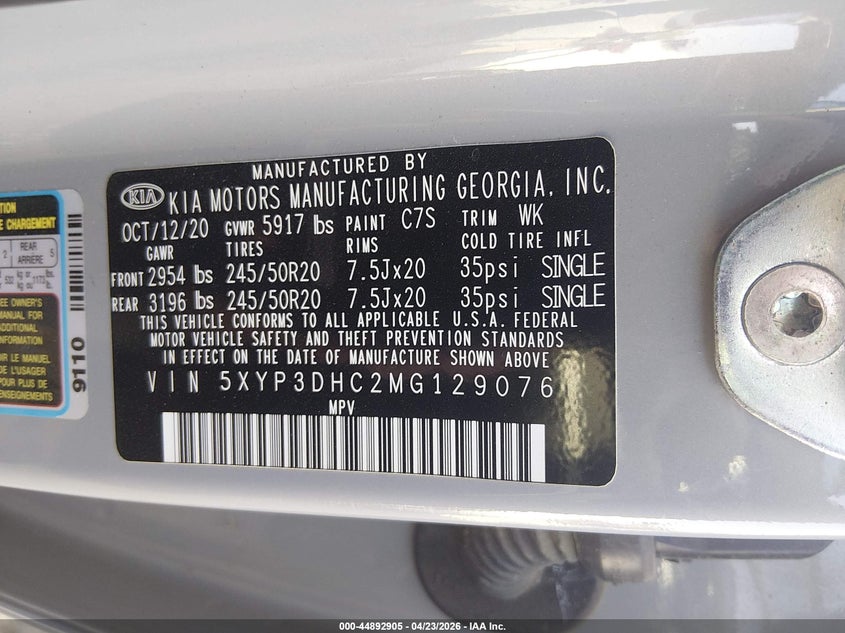 VIN 5XYP3DHC2MG129076 2021 KIA TELLURIDE EX