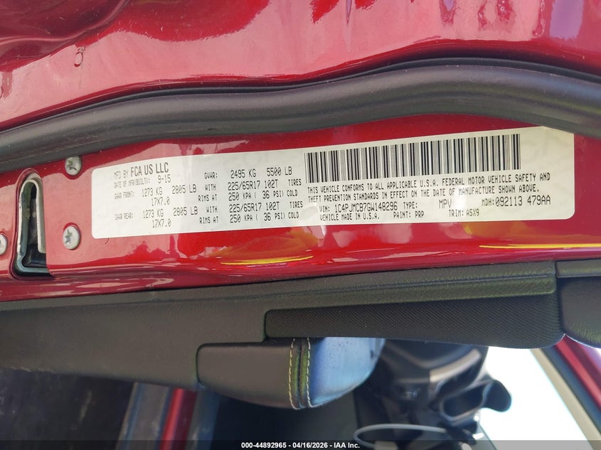 2016 Jeep Cherokee 2.4 Latitude red Lot 111044892965 Vin 1C4PJMCB7GW148296