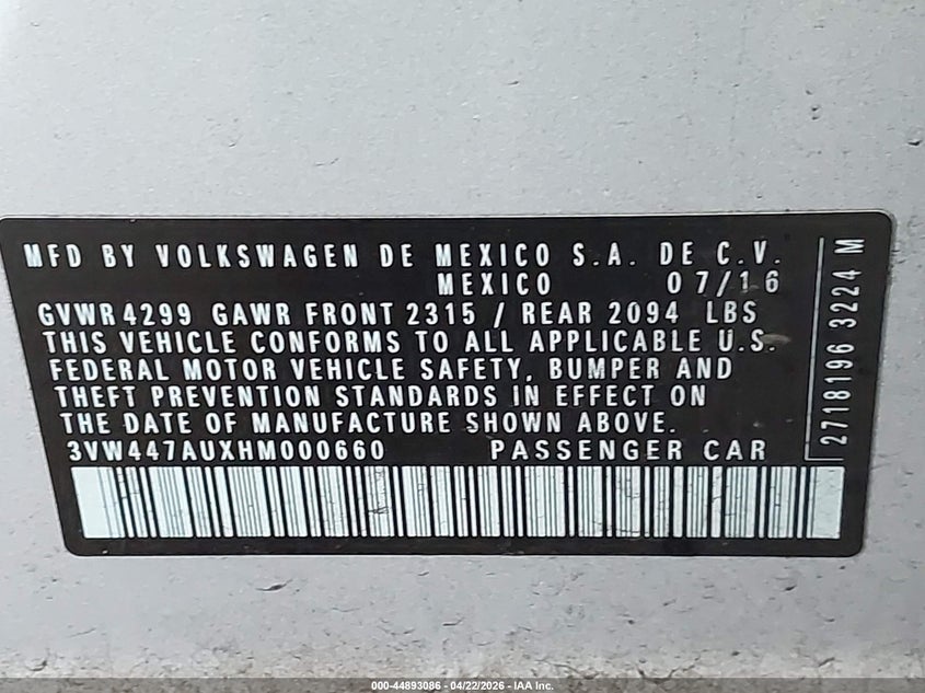 2017 Volkswagen Golf Gti Sport 4-Door VIN: 3VW447AUXHM000660 Lot: 44893086