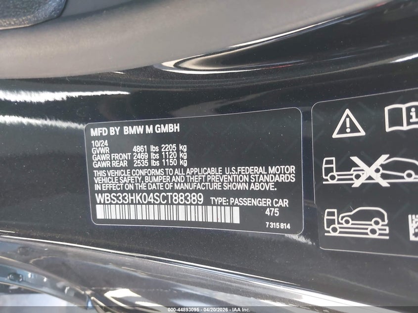 2025 BMW M4 Competition xDrive VIN: WBS33HK04SCT88389 Lot: 44893095