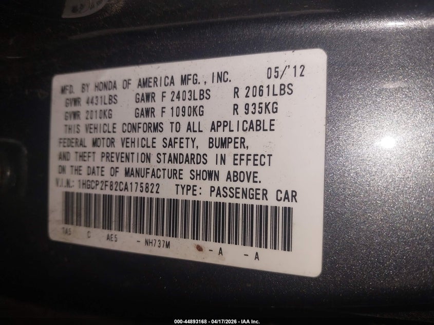 2012 Honda Accord 2.4 2.4 Ex-l Grey Lot 111044893168 Vin 1HGCP2F82CA175822