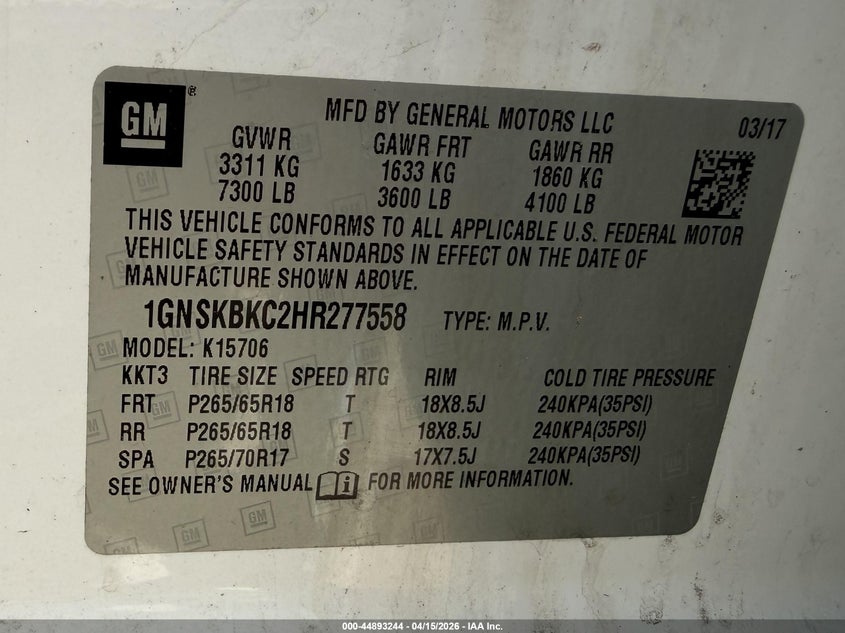 2017 Chevrolet Tahoe Lt VIN: 1GNSKBKC2HR277558 Lot: 44893244