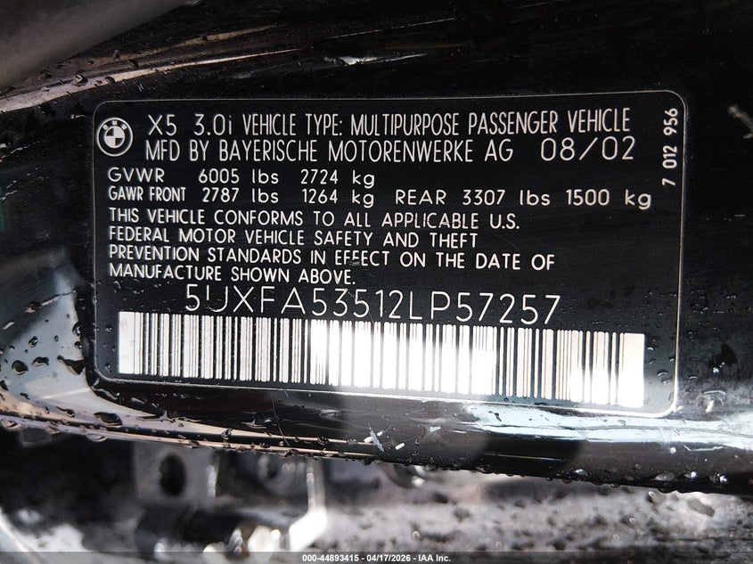 2002 BMW X5 3.0I VIN: 5UXFA53512LP57257 Lot: 44893415