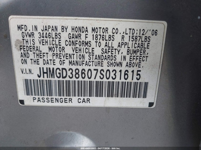 2007 Honda Fit Sport VIN: JHMGD38607S031615 Lot: 44893503