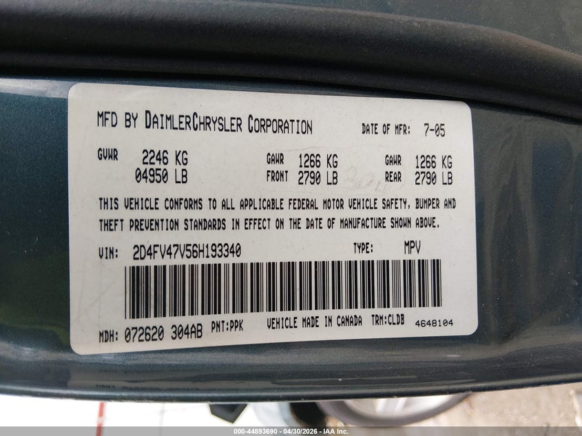 2006 Dodge Magnum VIN: 2D4FV47V56H193340 Lot: 44893690