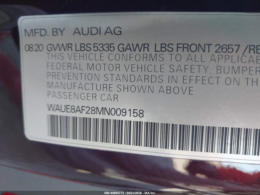 2021 Audi A6 Premium Plus 45 Tfsi Quattro S Tronic/Sport Premium Plus 45 Tfsi Quattro S Tronic VIN: WAUE8AF28MN009158 Lot: 44893773